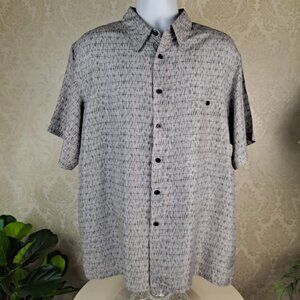 M. E. Sport Size Large Gray/Black 100% Silk Short Sleeve Shirt Button Front EUC